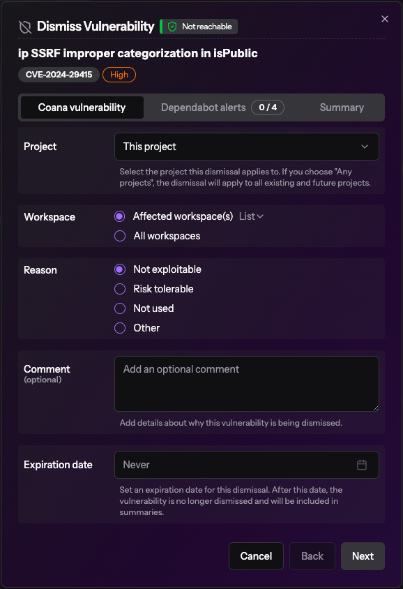 Vulnerability dismissal window